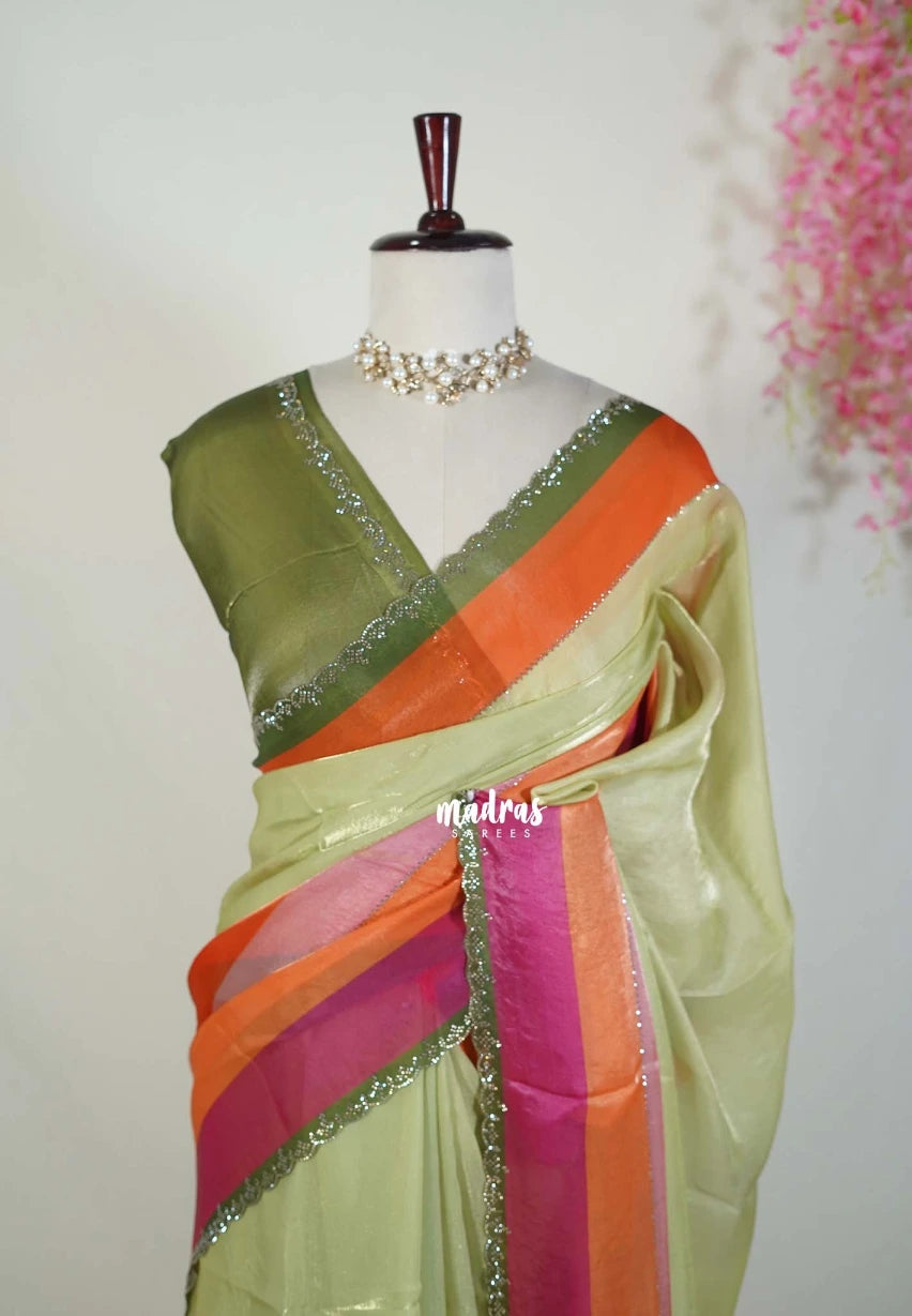 Olive Green - Organza Satin Silk Saree with Stone Work and Multicolour Border & Scallop Border