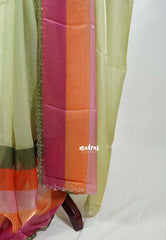 Olive Green - Organza Satin Silk Saree with Stone Work and Multicolour Border & Scallop Border