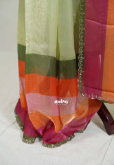 Olive Green - Organza Satin Silk Saree with Stone Work and Multicolour Border & Scallop Border
