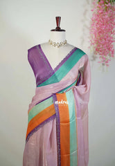 Blush Pink - Organza Satin Silk Saree with Stone Work and Multicolour Border & Scallop Border