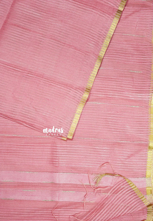 Roja Mist Pink - Soft Organza silk with stripes weaving with small zari border
