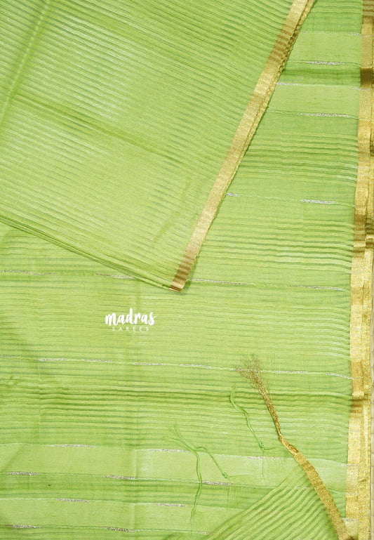 Pretty Parrot Green - Soft Organza silk with stripes weaving with small zari border