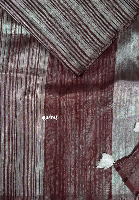 Wine Red with Silver - Organza silk with stripped weaving saree