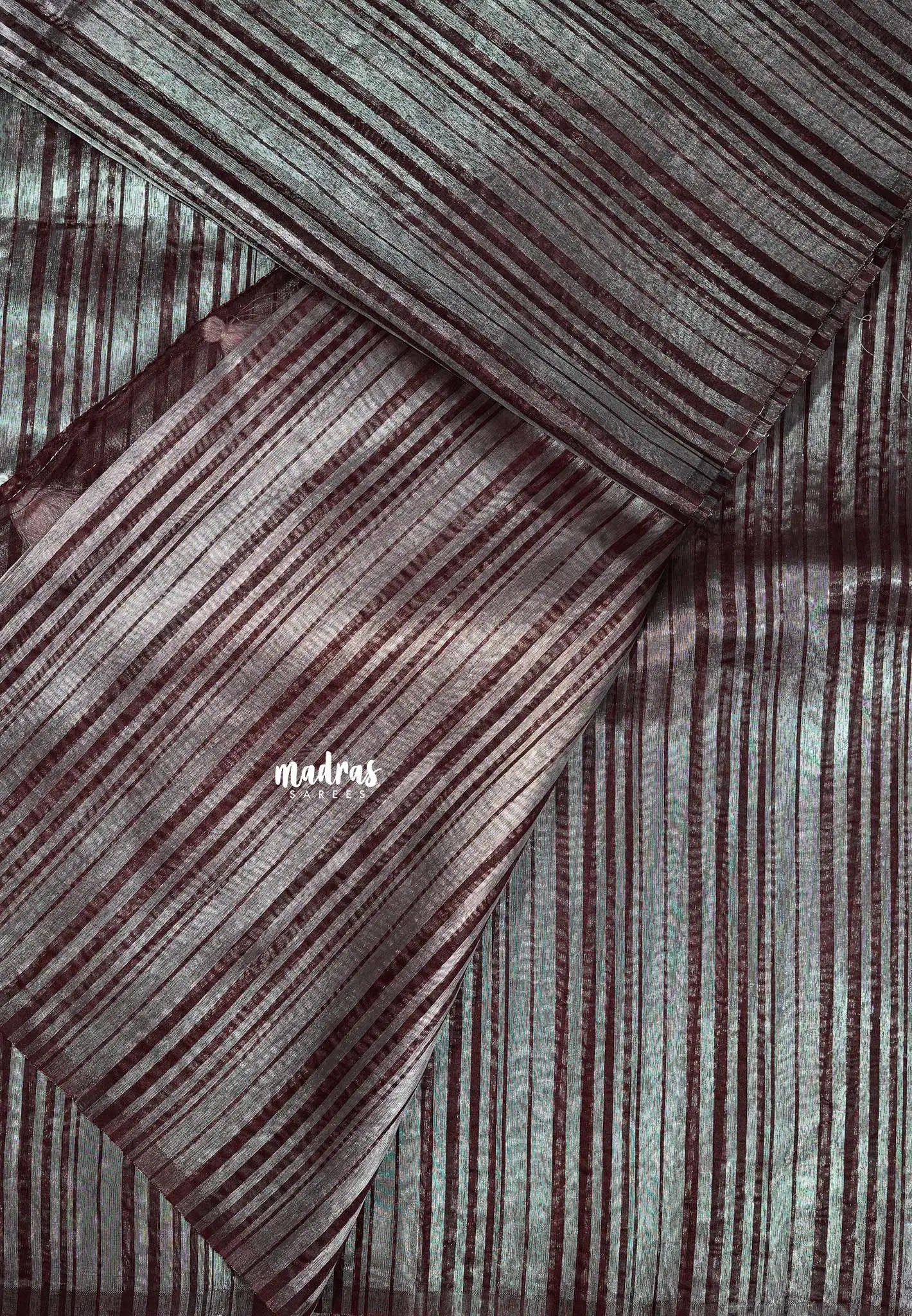 Wine Red with Silver - Organza silk with stripped weaving saree