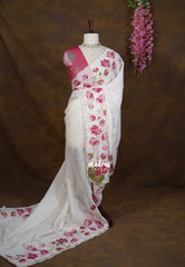 Ivory Cream - Soft Organza Silk with Tube Beads Pink Lotus Floral Zardosi Work with Scallop - Best for wedding Reception