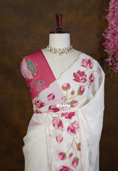 Ivory Cream - Soft Organza Silk with Tube Beads Pink Lotus Floral Zardosi Work with Scallop - Best for wedding Reception