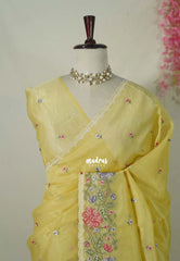 Pastel Golden Yellow - Fine Quality Organza Silk Saree Embroidery with Scallop Border - Best for Engagements / Haldi / Reception