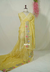 Pastel Golden Yellow - Fine Quality Organza Silk Saree Embroidery with Scallop Border - Best for Engagements / Haldi / Reception