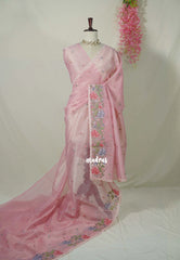 Blush Pink - Fine Quality Organza Silk Saree Embroidery with Scallop Border - Best for Engagements / Haldi / Reception