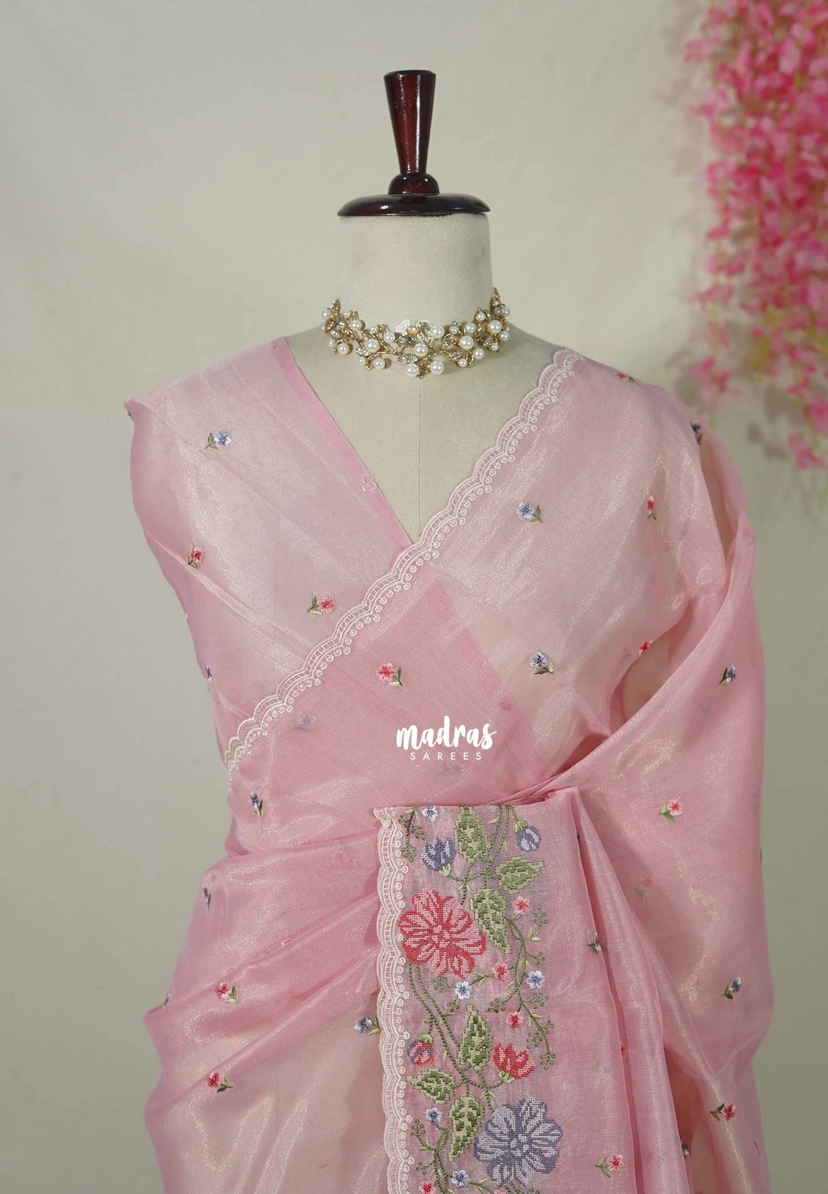 Blush Pink - Fine Quality Organza Silk Saree Embroidery with Scallop Border - Best for Engagements / Haldi / Reception