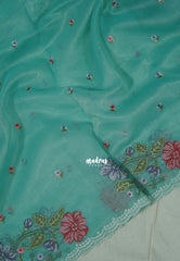 Mild Turquoise Blue - Fine Quality Organza Silk Saree Embroidery with Scallop Border - Best for Engagements / Haldi / Reception