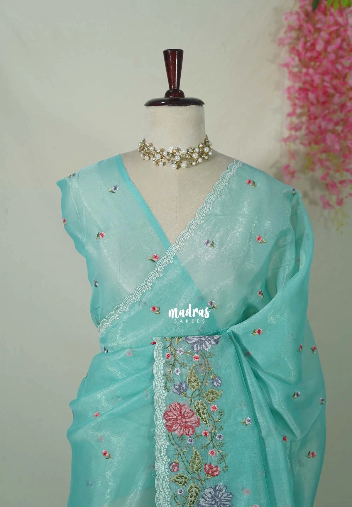 Mild Turquoise Blue - Fine Quality Organza Silk Saree Embroidery with Scallop Border - Best for Engagements / Haldi / Reception