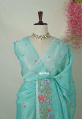 Mild Turquoise Blue - Fine Quality Organza Silk Saree Embroidery with Scallop Border - Best for Engagements / Haldi / Reception