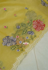 Pastel Golden Yellow - Fine Quality Organza Silk Saree Embroidery with Scallop Border - Best for Engagements / Haldi / Reception