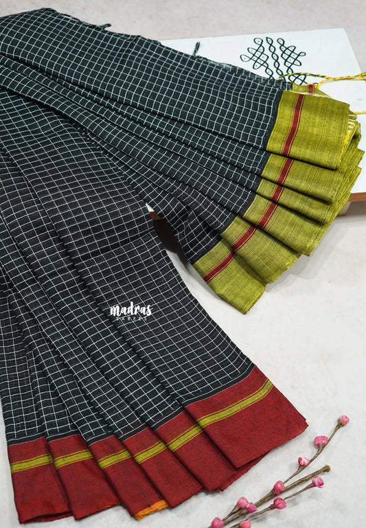 Patteda Anchu saree Black with Red and Neon Green Ganga Jamuna border