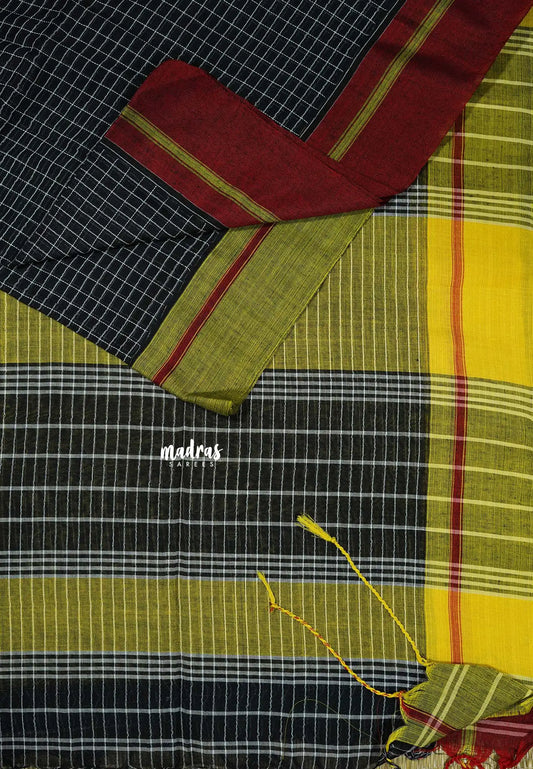 Patteda Anchu saree Black with Red and Neon Green Ganga Jamuna border
