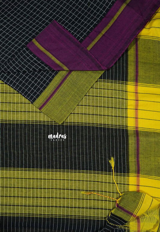 Patteda Anchu saree Black with Magenta and Neon Green Ganga Jamuna border