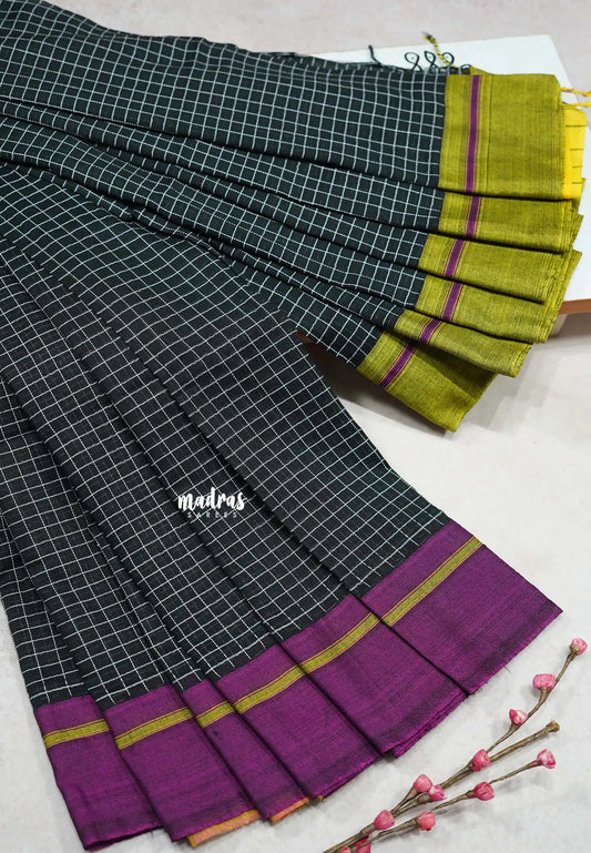 Patteda Anchu saree Black with Magenta and Neon Green Ganga Jamuna border