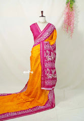Bright Orange with Peacock Border - Uniform sarees Malgudi Printed Silk with Peacock Border - Perfect for Office Wear | Casual Wear
