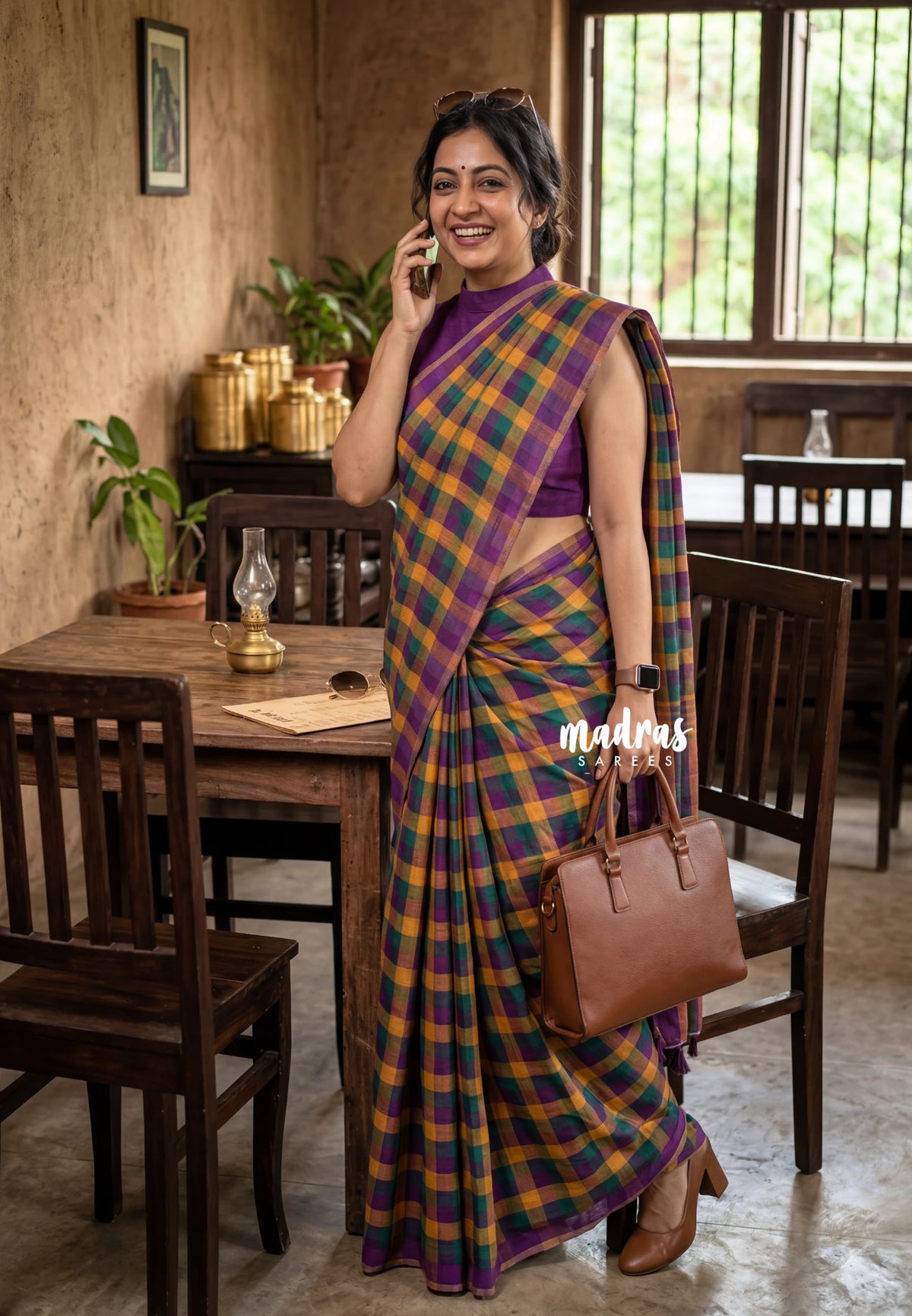 Rainbow Madras Checks - Pragath - Linen Cotton Saree with Madras Checks and Tiny Border - Perfect for Office Wear | Summer wear | Casual Wear