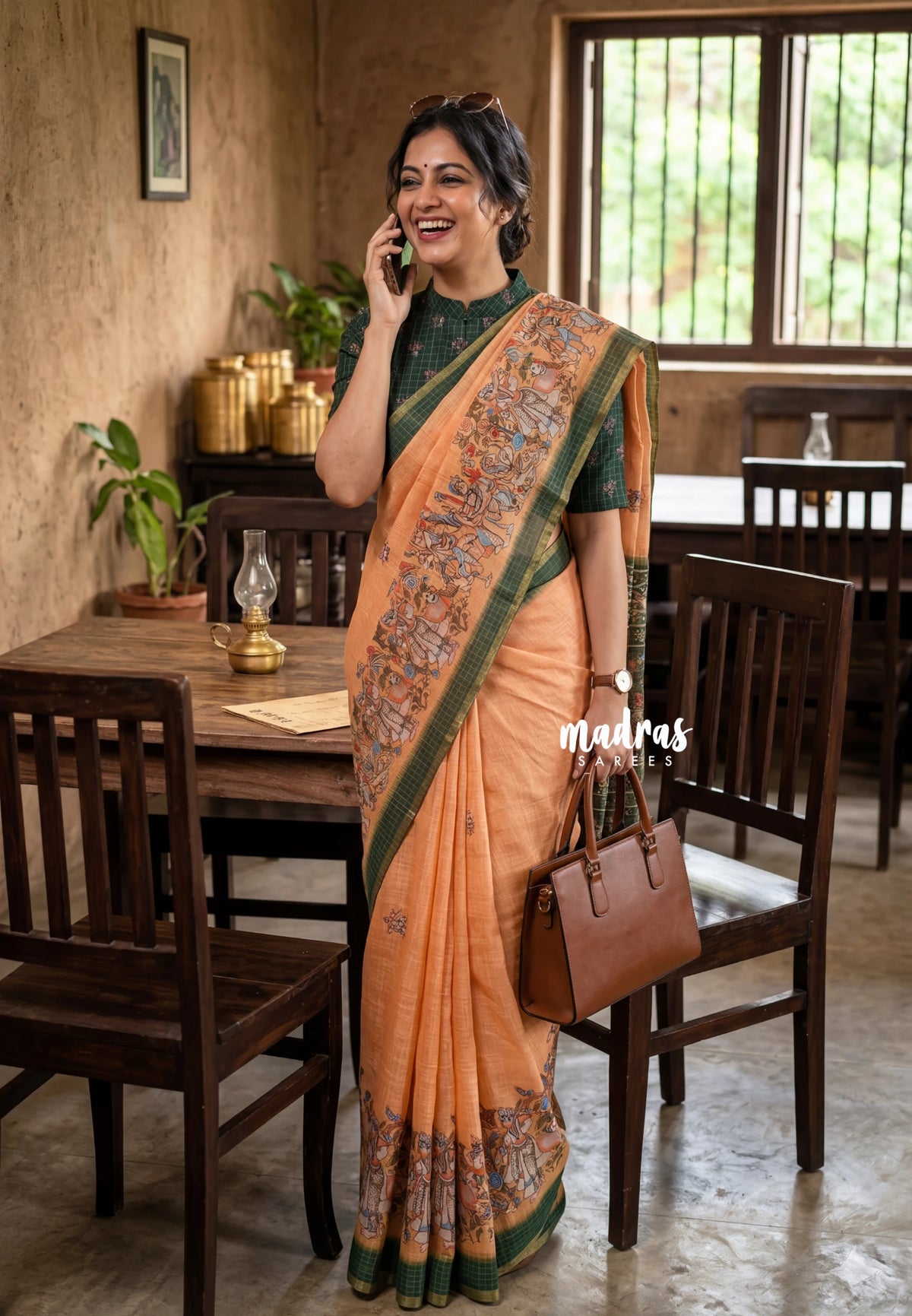Mild Orange - Pragath - Linen Cotton Saree with Ram Parivar Prins - Perfect for Office Wear | Summer wear | Casual Wear
