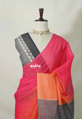Strawberry Orange Popsicle with Embroidery - Linen Cotton Saree with Gradient Ombre tone Flower Embroidery with Stripes Pallu and Blouse - Perfect for Office Wear | Summer wear | Casual Wear