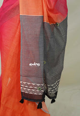 Strawberry Orange Popsicle with Embroidery - Linen Cotton Saree with Gradient Ombre tone Flower Embroidery with Stripes Pallu and Blouse - Perfect for Office Wear | Summer wear | Casual Wear