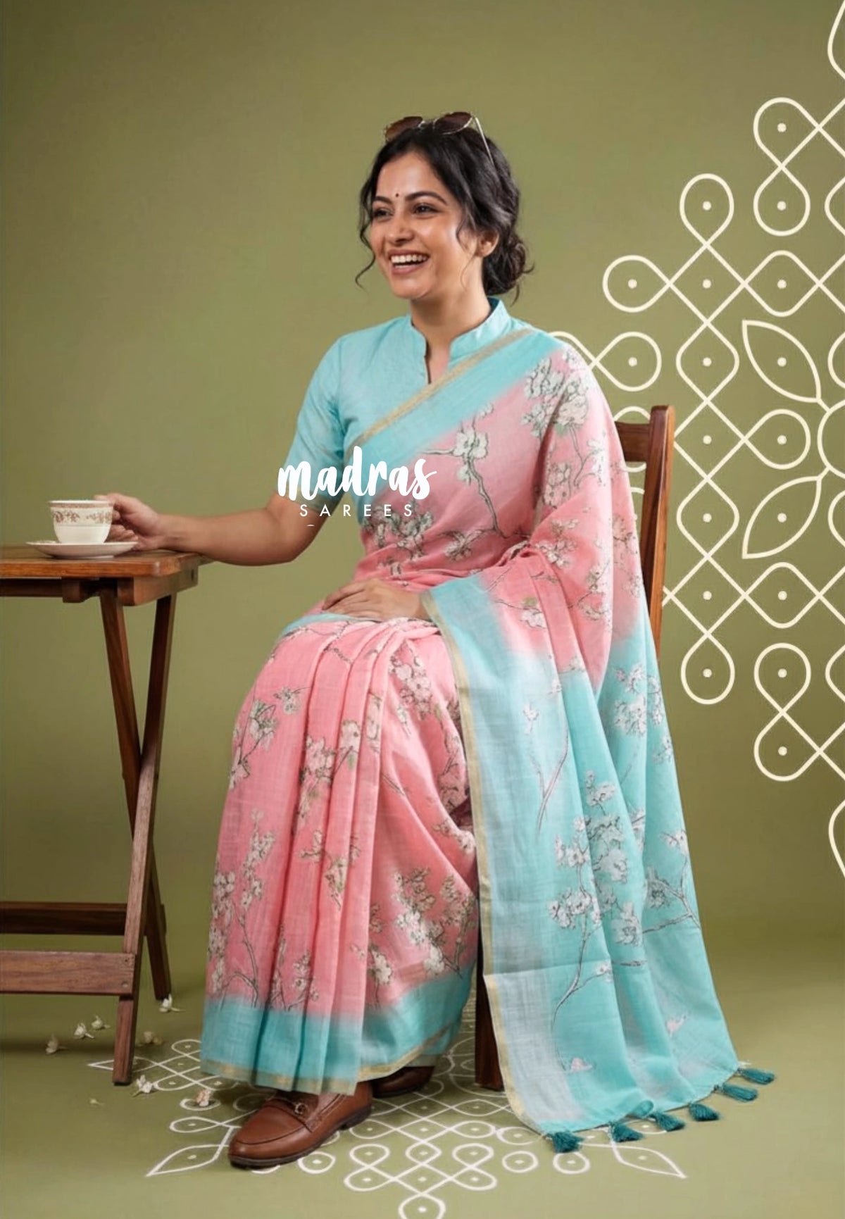 Peach Pink - Pragath - Linen Cotton Saree with Floral Prints - Perfect for Office Wear | Summer wear | Casual Wear