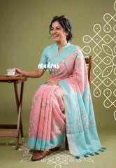 Peach Pink - Pragath - Linen Cotton Saree with Floral Prints - Perfect for Office Wear | Summer wear | Casual Wear