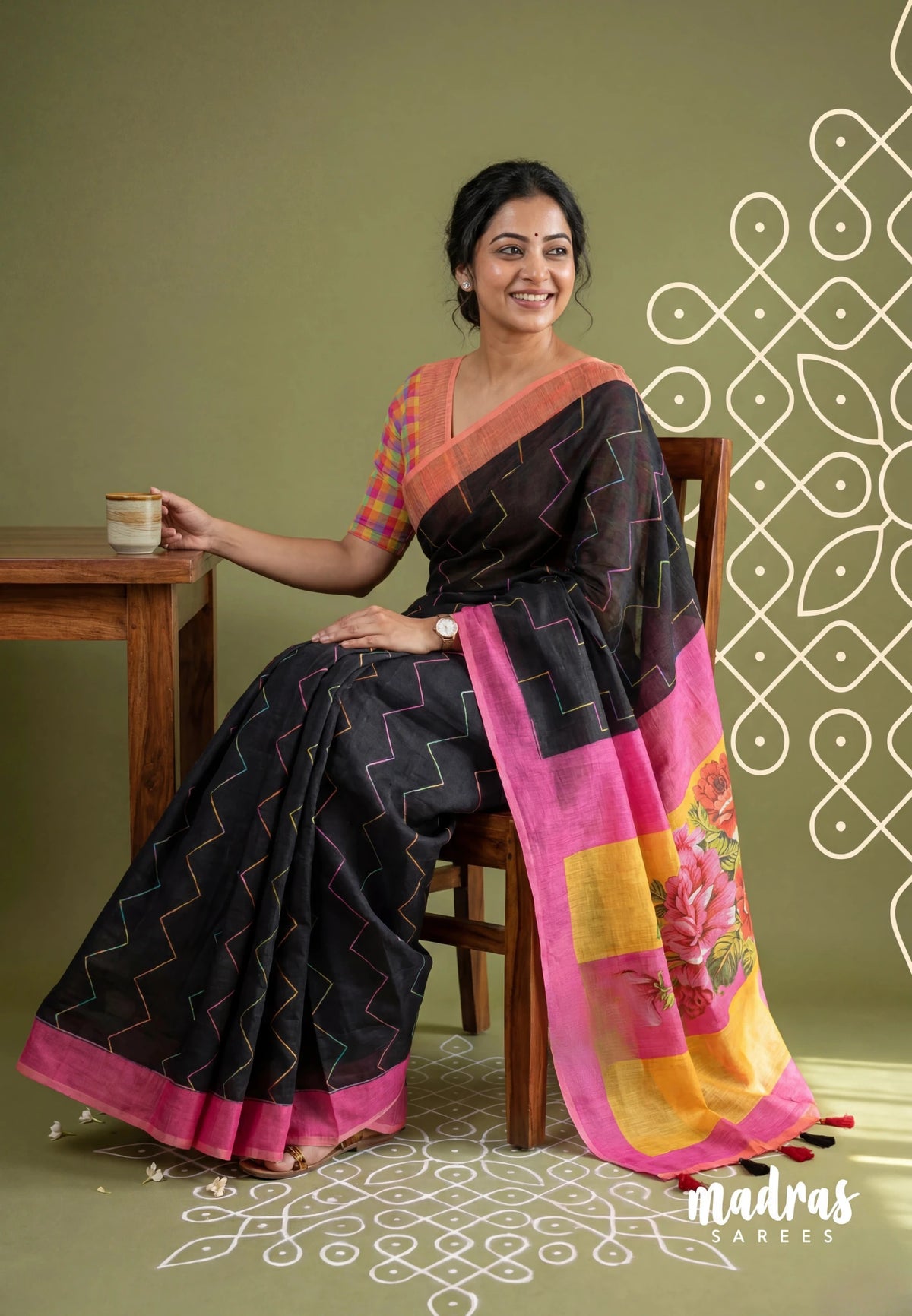 Nightfall Black - Pragathi - Linen Cotton Saree Ganga Jamuna Border with Punch Checks Blouse and Floral Print Pallu - Best for Office Wear | Casual Wear