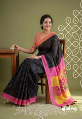 Nightfall Black - Pragathi - Linen Cotton Saree Ganga Jamuna Border with Punch Checks Blouse and Floral Print Pallu - Best for Office Wear | Casual Wear