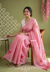 Rose Milk Pink - Pragathi - Linen Cotton Saree with Heart Prints - Best for Office Wear | Casual Wear