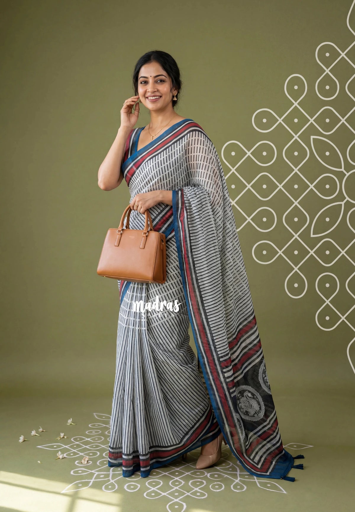 Muted White - Pragathi - Linen Cotton Saree with Modern Stripes Prints - Best for Office Wear | Casual Wear