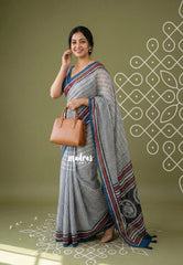 Muted White - Pragathi - Linen Cotton Saree with Modern Stripes Prints - Best for Office Wear | Casual Wear
