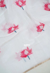Coconut Cream White - Pragathi - Linen Cotton Saree with Lotus Prints - Perfect for Office Wear | Casual Wear