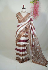Muted Coco Brown - Pragathi - Linen Cotton Saree with Horizontal Stripes Prints - Perfect for Office Wear | Casual Wear