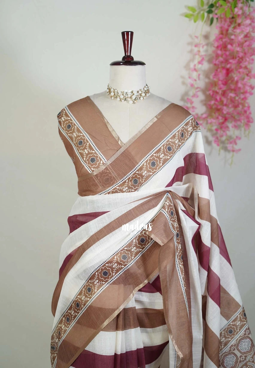 Muted Coco Brown - Pragathi - Linen Cotton Saree with Horizontal Stripes Prints - Perfect for Office Wear | Casual Wear