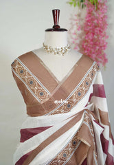 Muted Coco Brown - Pragathi - Linen Cotton Saree with Horizontal Stripes Prints - Perfect for Office Wear | Casual Wear