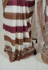 Muted Coco Brown - Pragathi - Linen Cotton Saree with Horizontal Stripes Prints - Perfect for Office Wear | Casual Wear