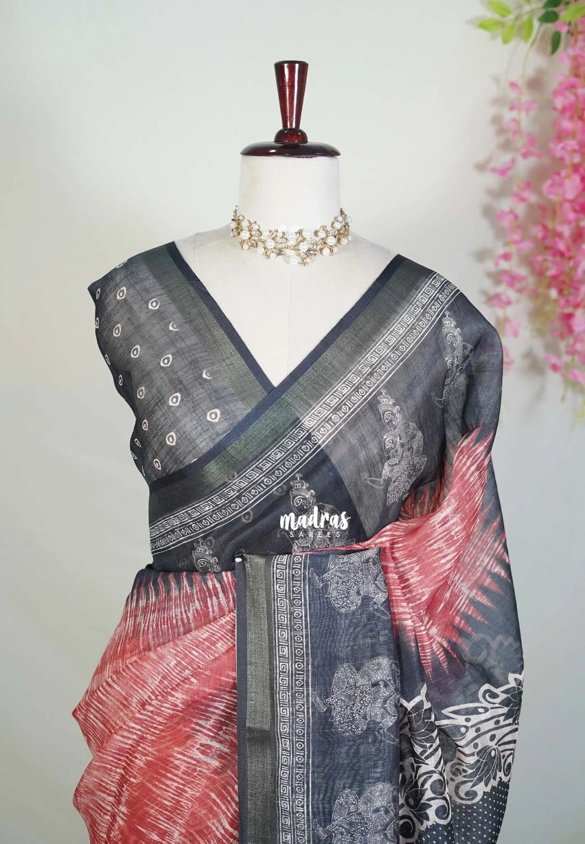 Muted Brick Red - Pragathi - Linen Cotton Saree with Digital Prints - Perfect for Office Wear | Casual Wear