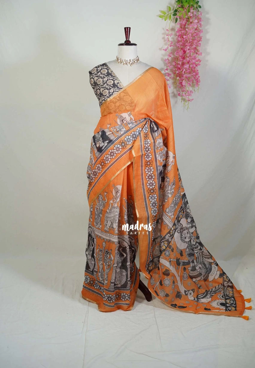 Yellowish Orange - Pragathi - Linen Cotton Saree with Kalahasthi Prints - Perfect for Office Wear | Casual Wear