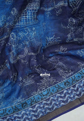Indigo Blue - Pragathi - Linen Cotton Saree with Dancing Doll Prints - Perfect for Office Wear | Casual Wear