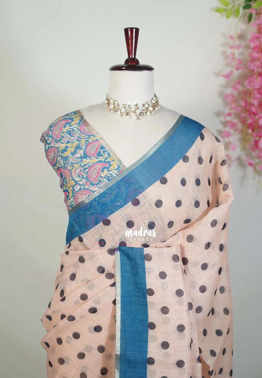 Pastel Peach - Pragathi - Linen Cotton Saree with Polka Dot Prints - Perfect for Office Wear | Summer Wear | Casual Wear
