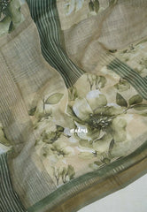 Muted Sage Green - Pragathi - Linen Cotton Saree with Floral Prints - Perfect for Office Wear | Casual Wear