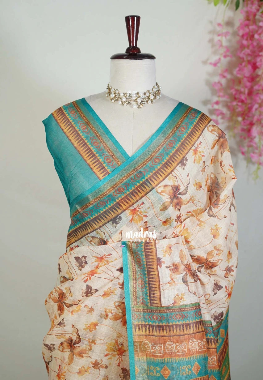 Beige Peach - Pragathi - Linen Cotton Saree with Floral Prints - Perfect for Office Wear | Casual Wear