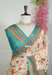Beige Peach - Pragathi - Linen Cotton Saree with Floral Prints - Perfect for Office Wear | Casual Wear