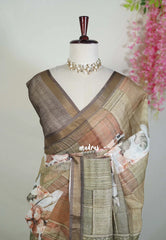 Olive Beige - Pragathi - Linen Cotton Saree with Digital Prints - Perfect for Office Wear | Casual Wear