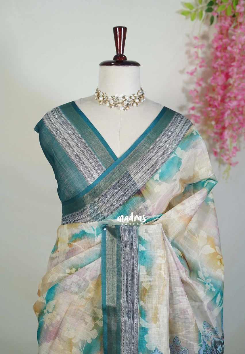 Multicolor Pastel Beige - Pragathi - Linen Cotton Saree with Floral Prints - Perfect for Office Wear | Casual Wear