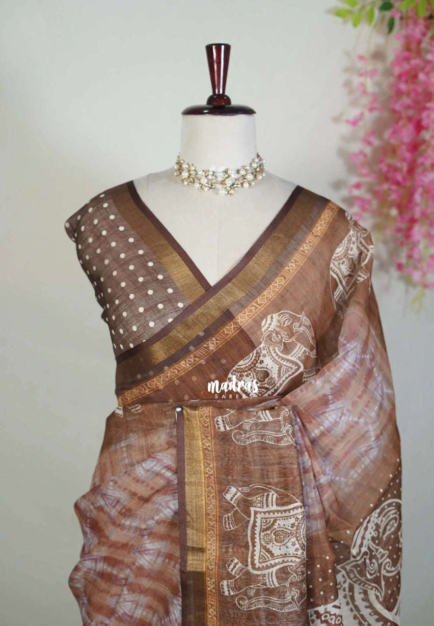Muted Pastel Brown - Pragathi - Linen Cotton Saree with Digital Prints - Perfect for Office Wear | Casual Wear