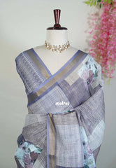 Misty Lavender - Pragathi - Linen Cotton Saree with Watercolour Floral Prints - Perfect for Office Wear | Casual Wear